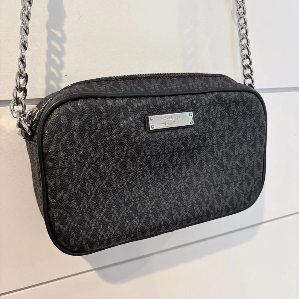 Michael Kors Charcoal Logo Classic Crossbody Bag with Chic Infinity Scarf